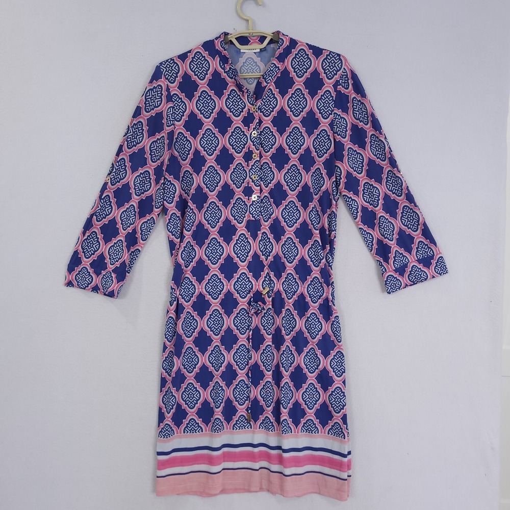 Cabana Life Tunic Dress Button M Red Blue Beachy Waist tie Long Sleeve UPF 50